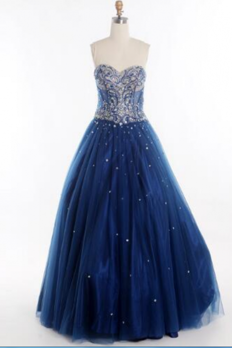 2017 Dark Blue Prom Dresses Sweetheart Neck See-through Tulle With Stunning Beading And Crystal Vintage Lace Up Party Gowns