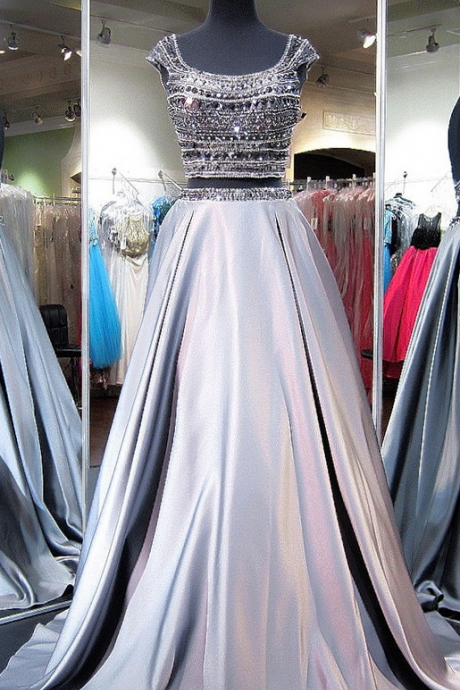 Princess Scoop Neck Satin Sweep Train Beading Two Piece Backless Boutique Prom Dresses,