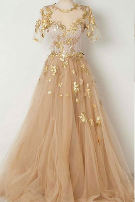 Elegant A-line Round Neck Half Sleeves Champagne Tulle Long Prom Dress