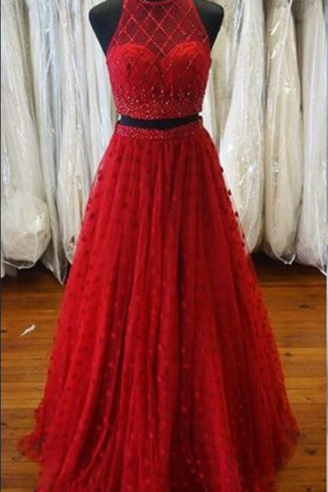 Two Piece Prom Dress, Sexy Long Prom Dress,halter Red Prom Gown,tulle Beads Prom Party Dress,prom Dresses