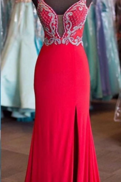 Red Beading Queen Anne Slit Prom Dresses