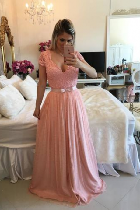 Sexy Prom Dress,cute Prom Dress,short Sleeve Prom Dress,v Neck Evening Dress,long Prom Dresses,formal Dress