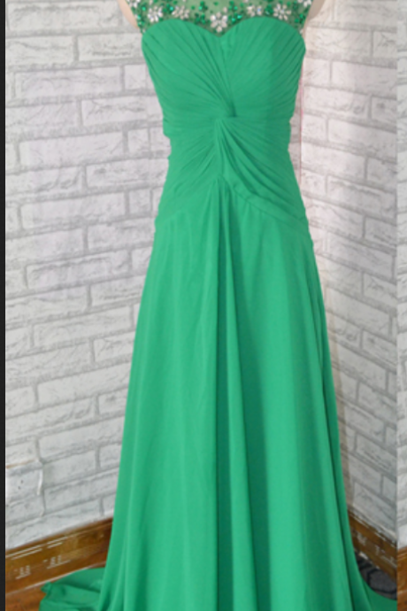 Boat Neck Cap Sleeves Chiffon Beaded Long Green Prom Dress,chiffon Long Green Evening Dress
