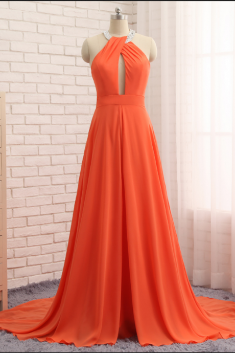 Prom Dresses ,orange Hijab Evening Dresses With Hole On The Chest Halter Sleeveless Chiffon