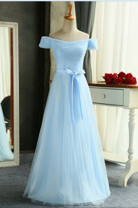 Blue A-line Off-the-shoulder Sleeveless Floor-length Tulle Prom Dresses