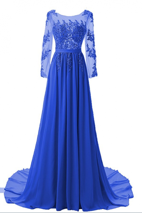 Long Prom Dresses With Sleeves Beading Lace A Line Illusion Formal Wedding Party Guest Gown