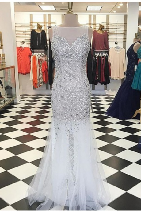 Glamorous Bateau Floor-length White Mermaid Prom Dress With Beading Crystal