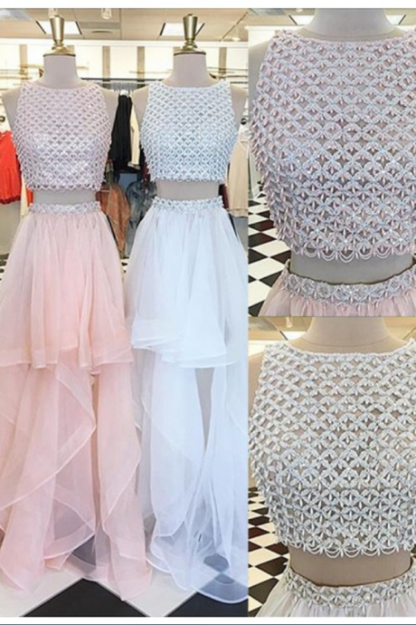Two Piece Bateau Asymmetrical Pink/white Prom Dress With Beading