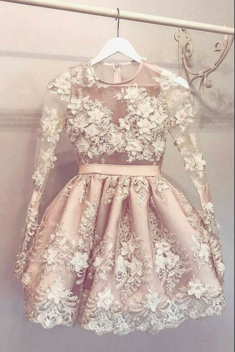 Unique Round Neck Lace Applique Short Prom Dress, Cute Homecoming Dress