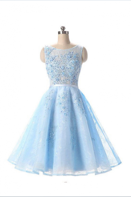 Light Blue Appliqued Sleeveless Lace Homecoming Dresses,girls A-line Scoop Neck Cocktail Dresses