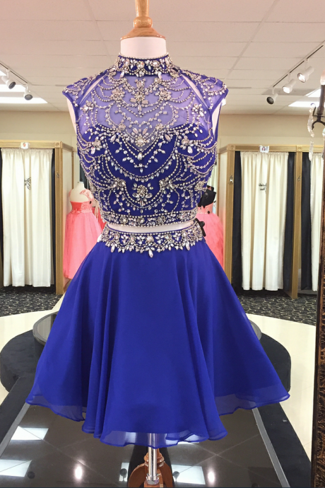 Crystal Beaded High Neck Two Piece Homecoming Dresses In Royal Blue Chiffon