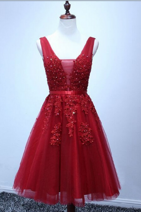 Homecoming Dresses ,a-line V-neck Homecoming Dresses,sexy Homecoming Dress,knee-length Red Organza Homecoming Dress With Appliques Beading