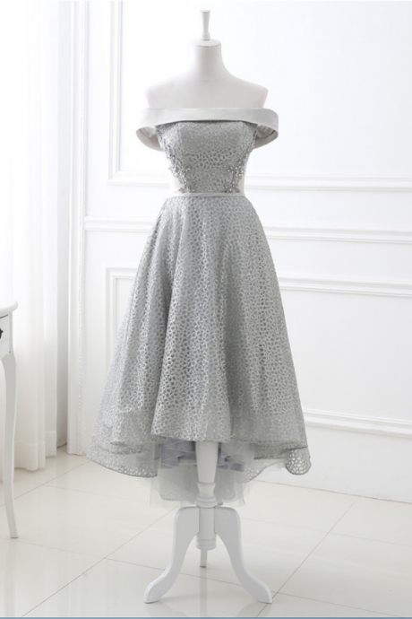 Sexy High Low Prom Dress, Off The Shoulder Prom Dresses,grey Evening Gowns Party Cocktail Dress