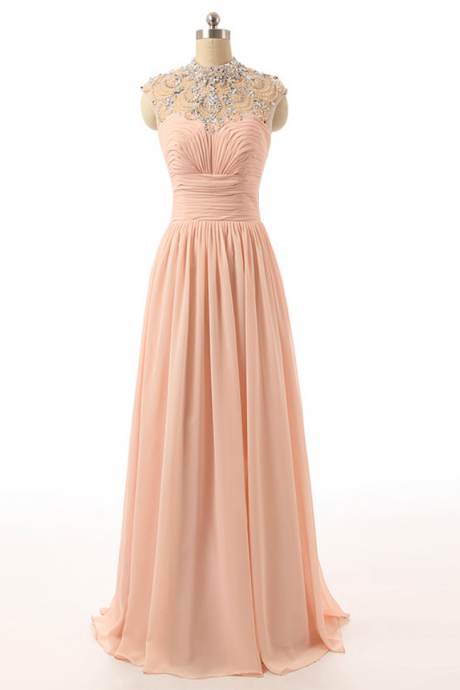 Peach Crystals Chiffon Prom Dresses Long High Neck Tulle Beaded Party Dress