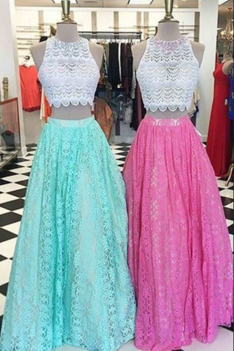 Lace Two Pieces Round Neck A-line Long Prom Dress For Teens