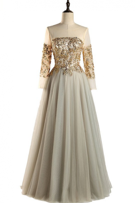 Gold Appliques Evening Dress Tulle Beaded Long Sleeve Prom Gown