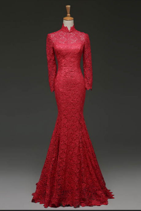 Elegant Red Lace Evening Dress Mermaid Long Sleeve Women Party Dress Formal Gown