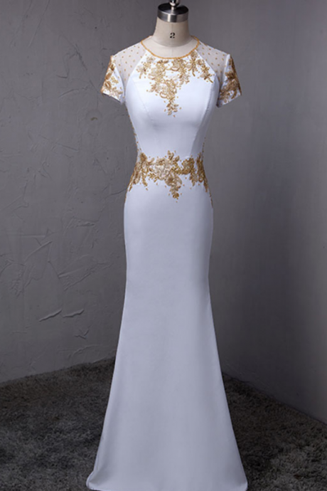 Elegant White Mermaid Prom Dresses Evening Wear Dress Formal Women Gown Gold Appliques