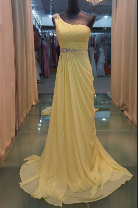 Yellow One Shoulder Chiffon Elegant Formal Party Dresses, Long Prom Dresses, Formal Gowns, Prom Dresses