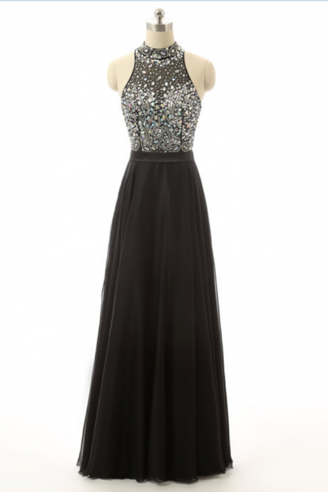 Black Crystal Beading Prom Dresses Modest Long Imported Party Dress A-line Sheer Chiffon Evening Gowns