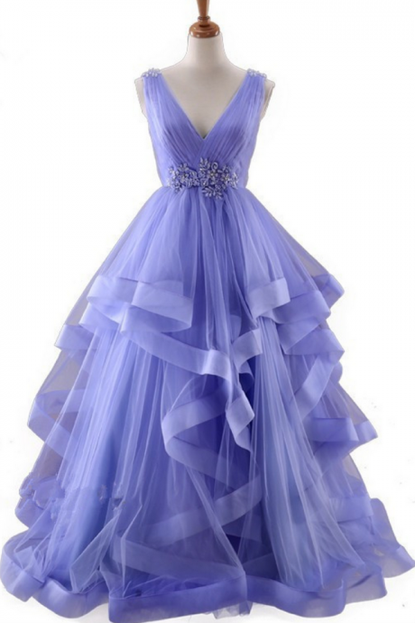Long Ball Gown Evening Dress Blue Purple Beading Flower Tulls Long Floor Length Real Picture