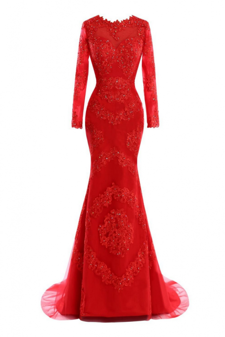 Mermaid Lace Tulle Appliques Beads Red Sweep Train Evening Party Dresses