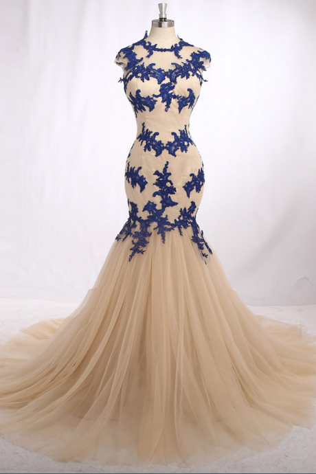 Tradition Style Long Prom Elegant Jewel Neck Capped Sleeve Sweep Train Tulle Dress With Blue Appliques Good Sell Design