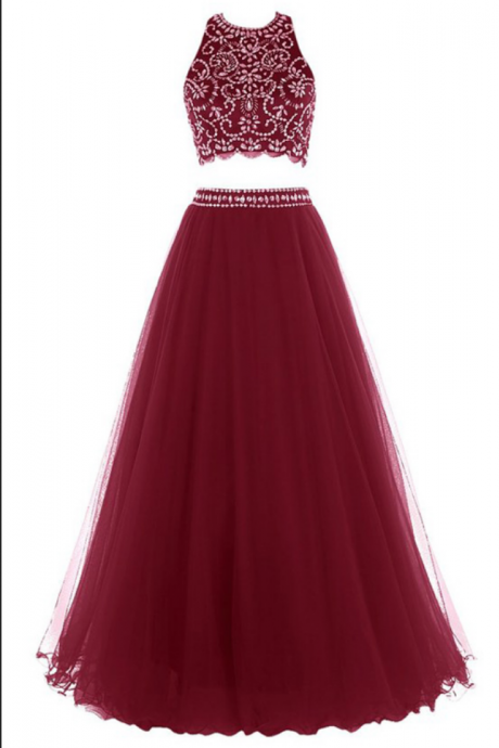 Red Floor Length Two Piece Prom Dress Featuring Beaded Embellished Halter Cropped Bodice, Open Back And Tulle A-line Skirt