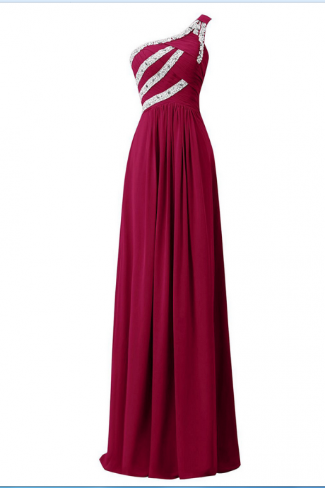 Beaded Sequins One Shoulder Ruched Long Prom Dress, Chic Burgundy Sheath Prom Dress, Unique Floor Length Chiffon Prom Dress