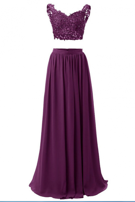 Rounded Sweetheart Purple Long Prom Dress, Low Back Two Piece Chiffon Prom Dress, Lace Appliques Floor Length Prom Dress