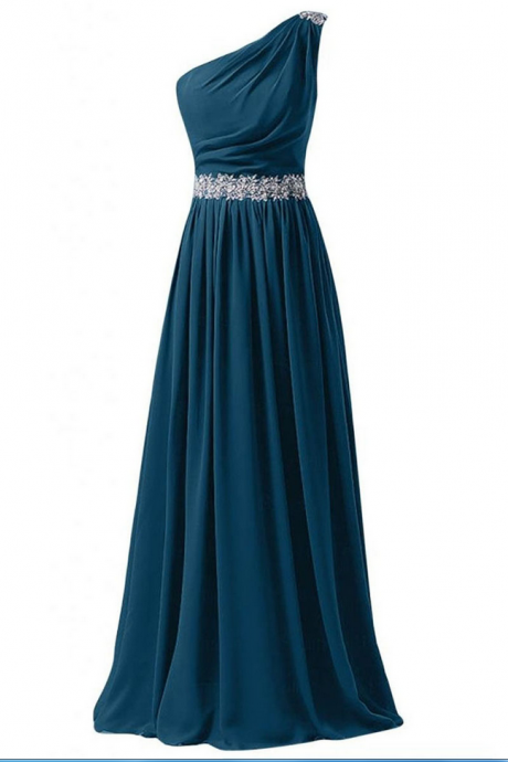 Sequins One Shoulder Steel Blue Prom Dress, Beaded Lace Appliques Belt Prom Dress, Lace-up A-line Long Chiffon Prom Dress