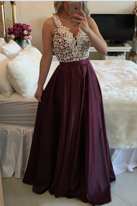 Prom Dresses, Gorgeous Sleeveless Lace Evening Dress Floor Length Prom Dress