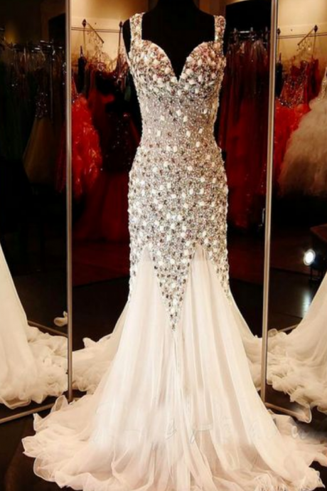 Prom Dresses,glamorous V-neck Tulle Evening Dress Beadings Crystals Sweep Train Prom Dress