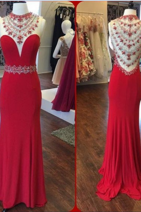 Mermaid Prom Dresses O-neck Sleeveless Sheer Back Sweep Train Chiffon And Crystal Party Dress Formal Gown