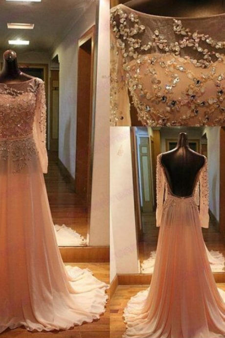 Pretty Light Pink Long Sleeve Prom Dress Handmade Beaded ,ackless Long Prom Dresses , Prom Gowns, Formal Dresses, Pink Prom Dresses