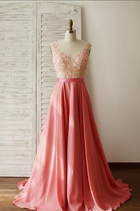 Beautiful Handmade Pink Peach Long Prom Dress With Lace Applique, Chiffon And Lace Prom Dresses, Prom Gowns, Party Dresses, Evening Gowns