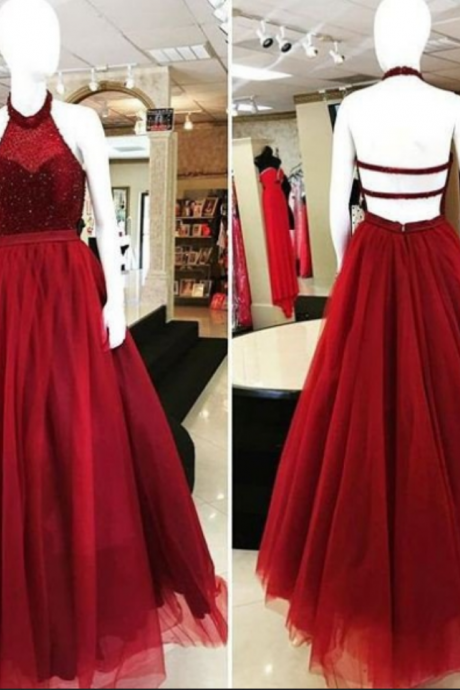Red Halter Backless Beading Ball Gown Tulle Prom Dresses