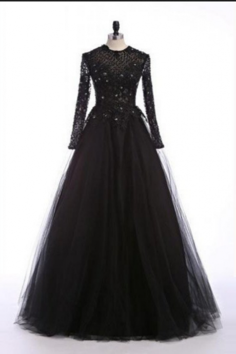 Black Long A-line Sequins Tulle Prom Dresses