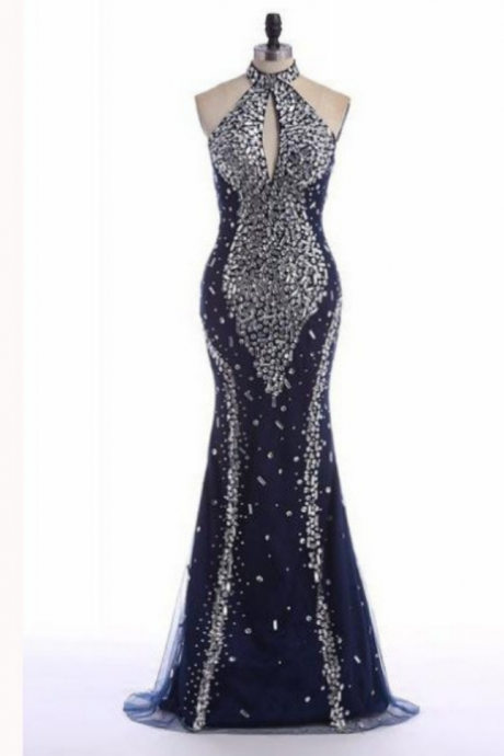 Long Mermaid Crystal Tulle Black Prom Dresses