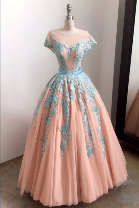 Elegant Blue Lace Tulle Long Prom Dress, Tulle Lace Evening Dress