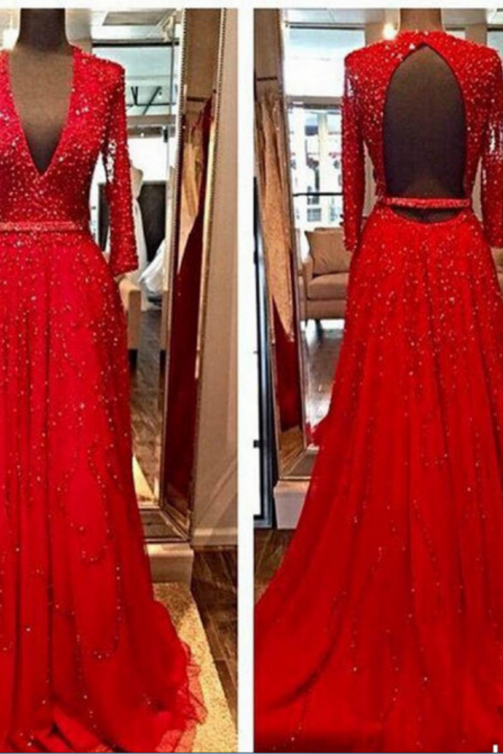 Design Elegant Red Long Sleeves Evening Dresses, Beads Sequins V-neck Open Backless Crystal Party Prom Gowns
