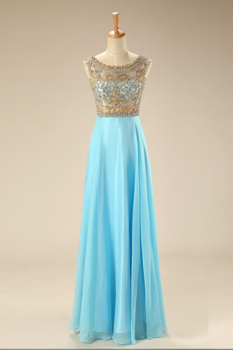 Chiffon Ice Blue Prom Gowns, Evening Gowns,pretty Beading Prom Dresses With Flower Type,sparkly Prom Dress