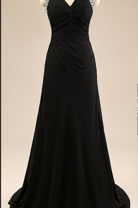 Elegant Black Long Chiffon Evening Dresses, A-line V-neck Backless Sequined Beaded Formal Party Dresses Women Gowns