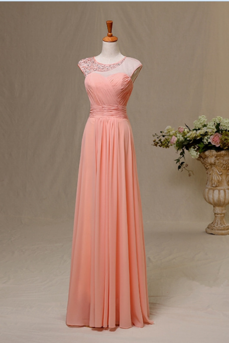 Handmade Coral Chiffon Round Neckline A Line Floor Length Prom Dresses, With Beadings Coral Chiffon Prom Dresses ,prom Dresses, Evening Gown