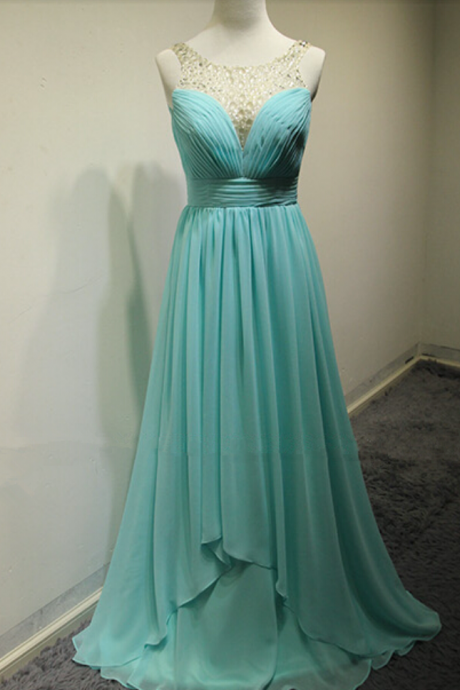 Elegant Blue Chiffon Sweep Train A-line Prom Dress, With Crystals Lovely Blue Dragon Prom Dresses, Prom Dresses ,handmade Evening Dress