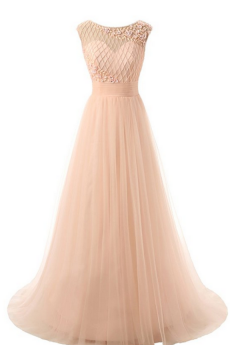 Sheer Neck Tulle Long Prom Dresses Evening Gowns With Rhinestones