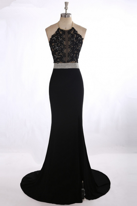 Prom Dress,long Prom Dresses, Vestido Para Formatura Sexy See Through Black Lace Appliques Rhinestone Prom Dress