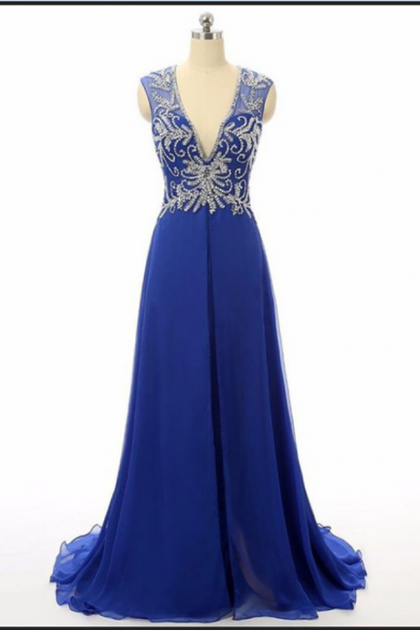 Royal Blue Floor Length Chiffon A-line Prom Dress Featuring Beaded Embellished Plunge V Sleeveless Bodice And Open Back