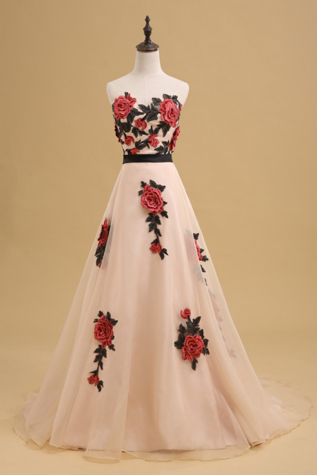 Prom Dresses ,rose Embroidered Floor Length Chiffon