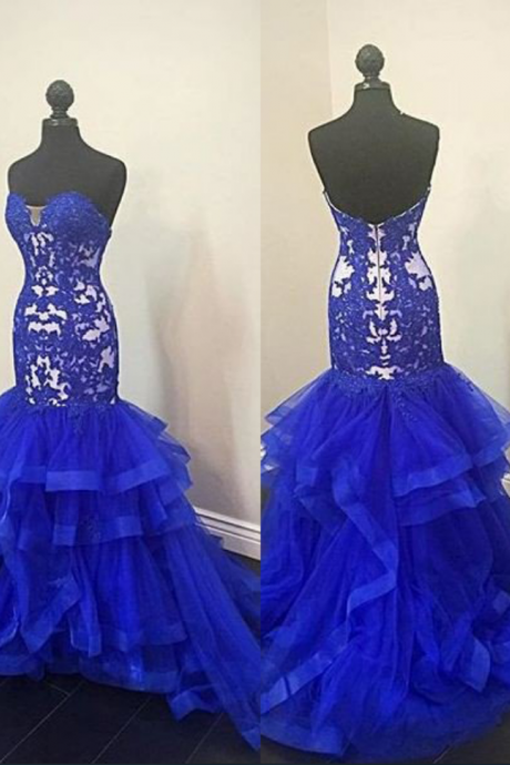 Blue Prom Dresses Sweetheart Appliques Tiers Mermaid Prom Gowns,prom Dresses , Prom Dresses, Long Prom Dress